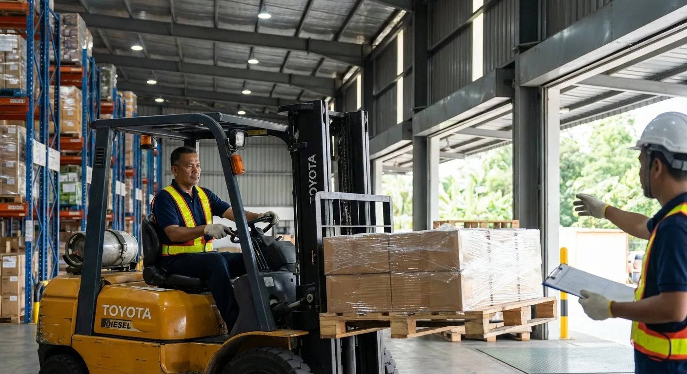 Operator forklift sedang bekerja di gudang — sewa forklift Malaysia